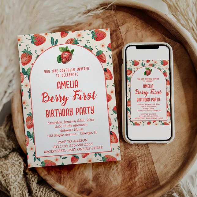 Berry First Strawberry Girl 1st Birthday Party  Invitation (Creator Uploaded)