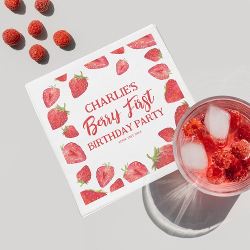 Berry First Strawberry Girl 1st Birthday Party Napkins