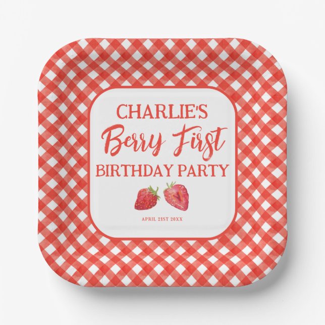Berry First Strawberry Girl 1st Birthday Party Paper Plates (Front)