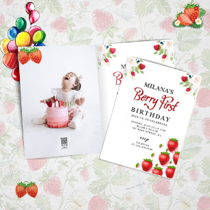 Berry First Strawberry Girl 1st Birthday Photo Invitation