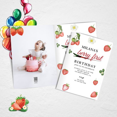 Berry First Strawberry Girl 1st Birthday Photo Invitation