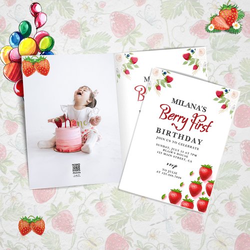 Berry First Strawberry Girl 1st Birthday Photo Invitation
