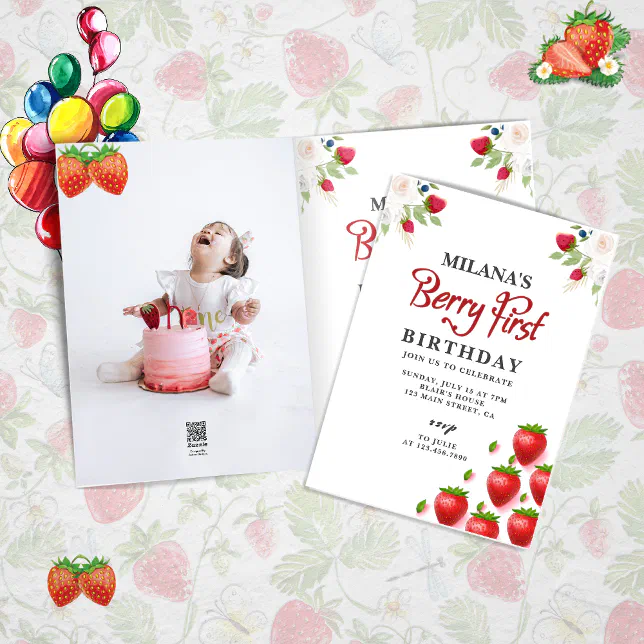 Berry First Strawberry Girl 1st Birthday Photo Invitation | Zazzle