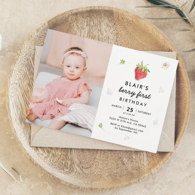 Berry First Strawberry Girl 1st Birthday Photo Invitation | Zazzle