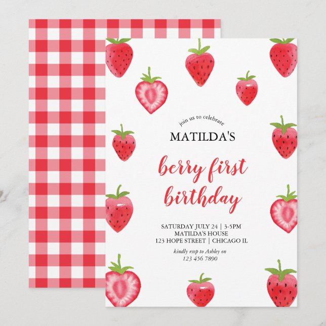 Berry First Strawberry Girl Birthday Invitation (Front/Back)