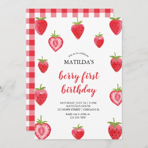 Berry First Strawberry Girl Birthday Invitation