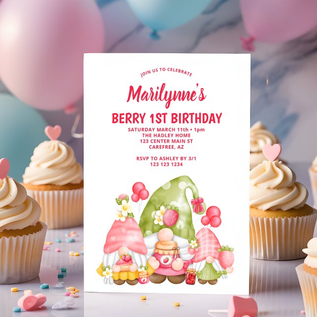 Berry First Strawberry Gnomes Birthday Invitation (Creator Uploaded)