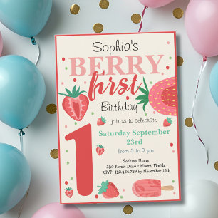 Berry first strawberry kids birthday invitation