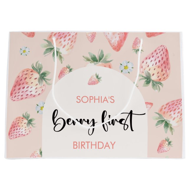 Berry first strawberry kids birthday large gift bag (Front)