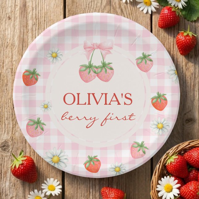 Berry First Strawberry Patch Picnic Party Paper Plates (Berry 1st Birthday Strawberry Paper Plate)