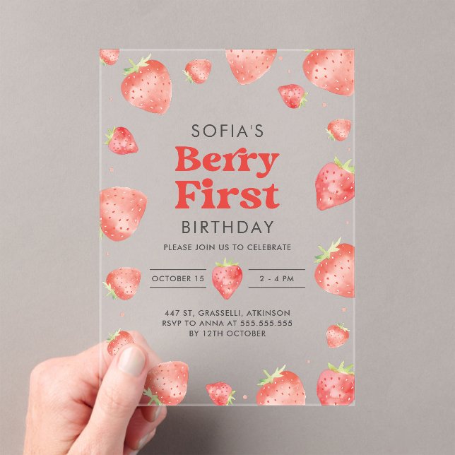 Berry First Strawberry Pattern 1st Summer Birthday Acrylic Invitations (Insitu (Handheld))