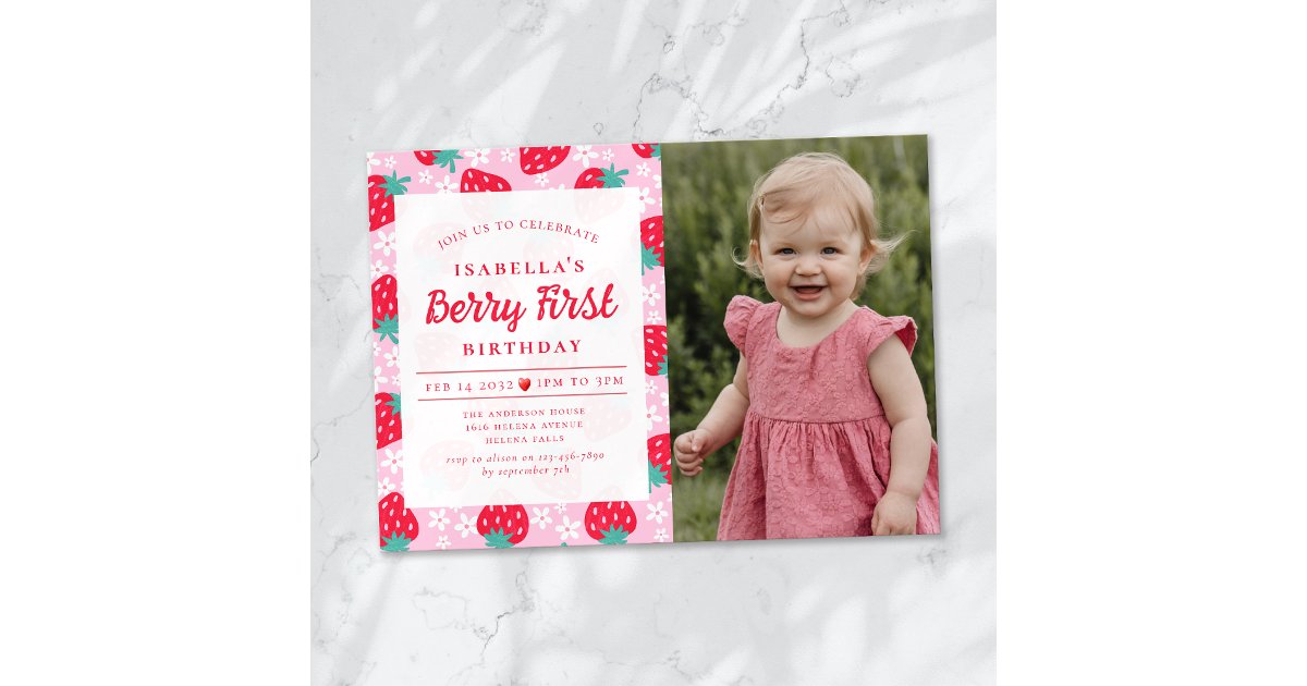 Berry First Strawberry Photo 1st Birthday Party Invitation | Zazzle