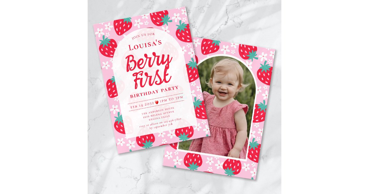 Berry First Strawberry Photo 1st Birthday Party Invitation | Zazzle