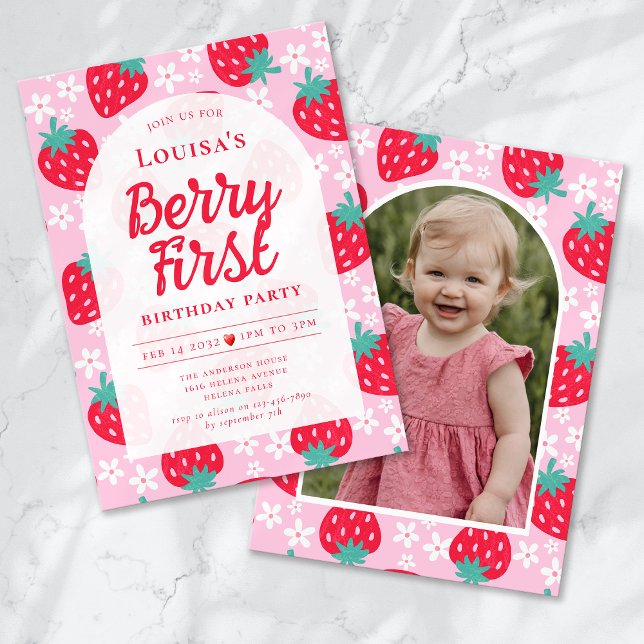 Berry First Strawberry Photo 1st Birthday Party Invitation (Creator Uploaded)