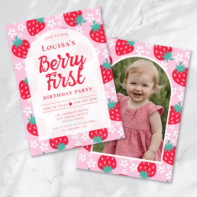 Berry First Strawberry Photo 1st Birthday Party Invitation | Zazzle