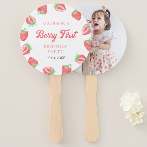 Berry First Strawberry Pink Birthday Party Photo Hand Fan