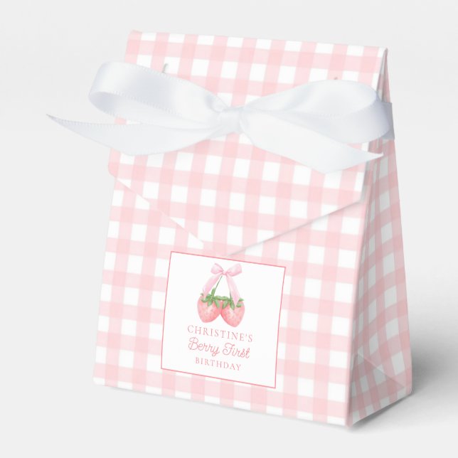 Berry First Strawberry Pink Bow 1st Birthday Favor Boxes (Front Side)