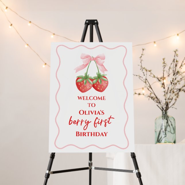 Berry First Strawberry Pink Bow 1st birthday Foam Board (In Situ (Stand))