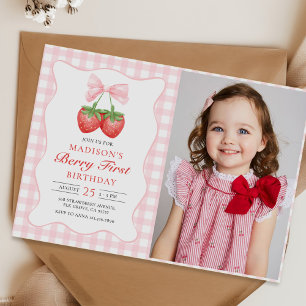 Berry First Strawberry Pink Bow 1st Birthday Photo Invitation