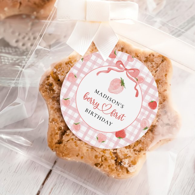 Berry First Strawberry Pink Gingham 1st Birthday Classic Round Sticker (Creator Uploaded)