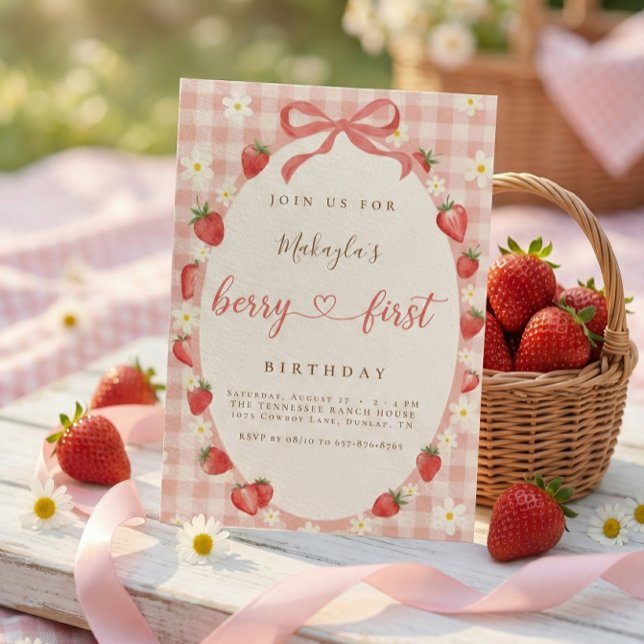 Berry First Strawberry Pink Gingham 1st Birthday Invitation (Creator Uploaded)