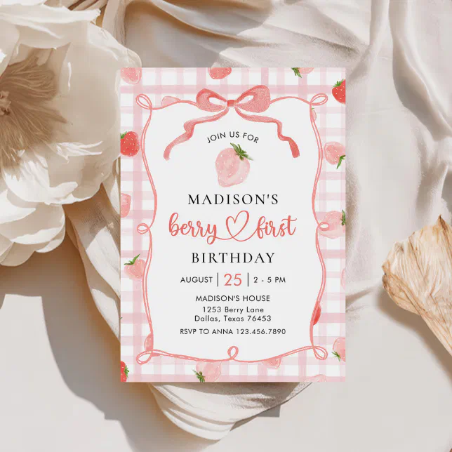 Berry First Strawberry Pink Gingham 1st Birthday Invitation | Zazzle