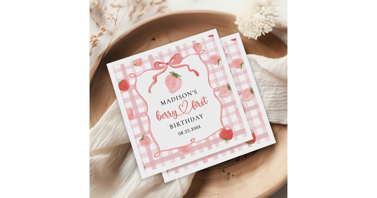 Berry First Strawberry Pink Gingham 1st Birthday Napkins | Zazzle