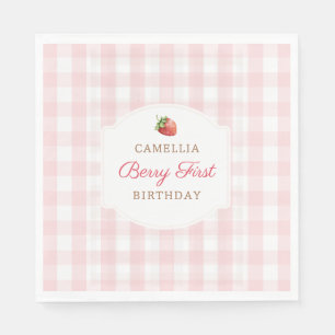 Berry First Strawberry Pink Gingham Birthday Party Napkins