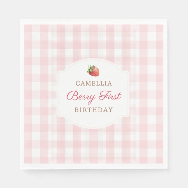 Berry First Strawberry Pink Gingham Birthday Party Napkins (Front)