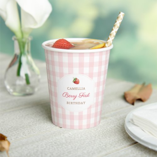 Berry First Strawberry Pink Gingham Birthday Party Paper Cups