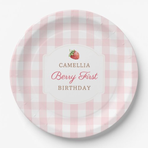 Berry First Strawberry Pink Gingham Birthday Party Paper Plates