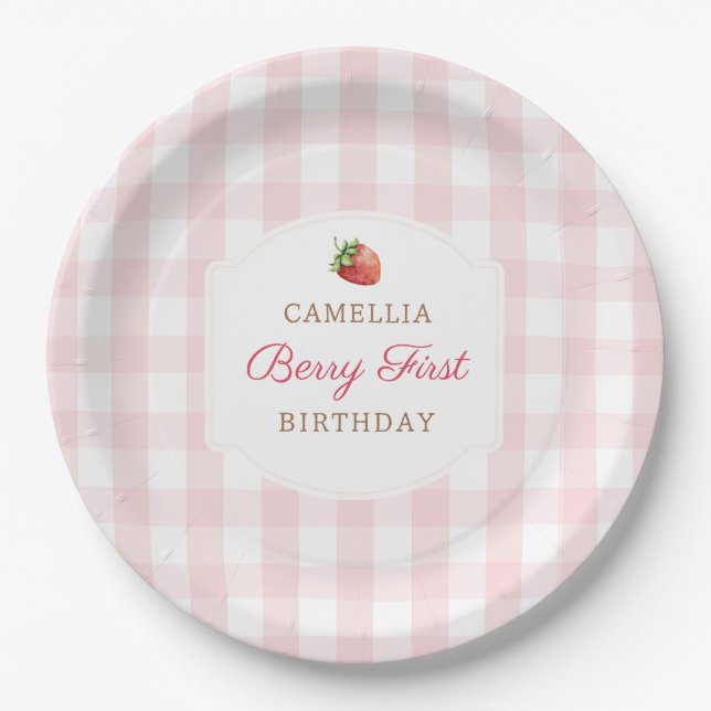 Berry First Strawberry Pink Gingham Birthday Party Paper Plates (Front)