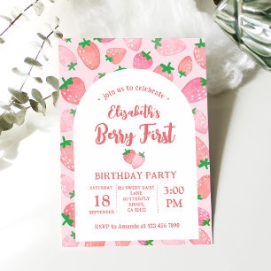 Berry First Strawberry Pink Girl's Birthday Party Invitation