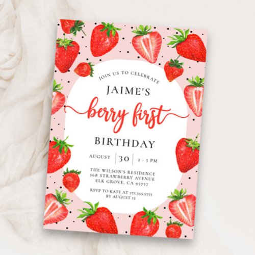 Berry First Strawberry  Summer 1st Birthday Invitation