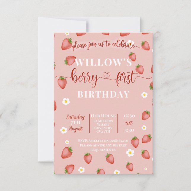 Berry First Strawberry Themed Birthday Invitations (Front)