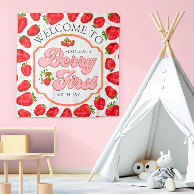 Berry First Strawberry Welcome Birthday Banner Tapestry (Creator Uploaded)
