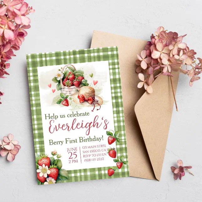 Berry First sweet summer strawberry Birthday Invitation | Zazzle