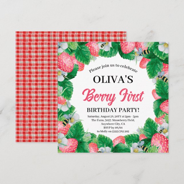 Berry First Watercolor Strawberry 1st Birthday  In Invitation (Front/Back)