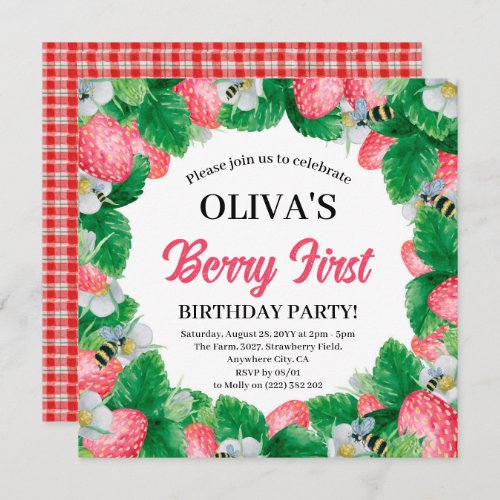 Berry First Watercolor Strawberry 1st Birthday  In Invitation