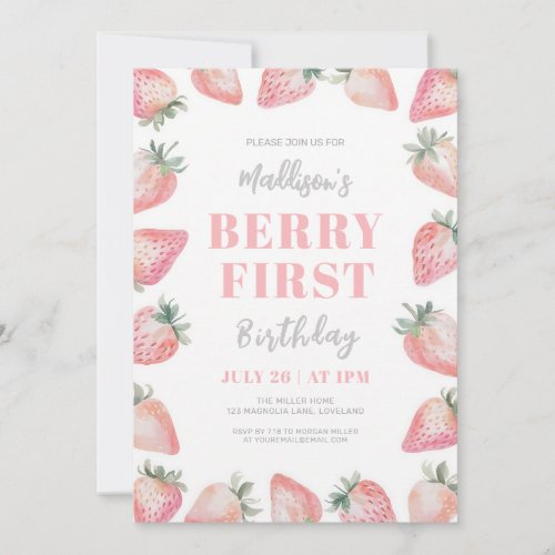 Berry First Watercolor Strawberry 1st Birthday Invitation