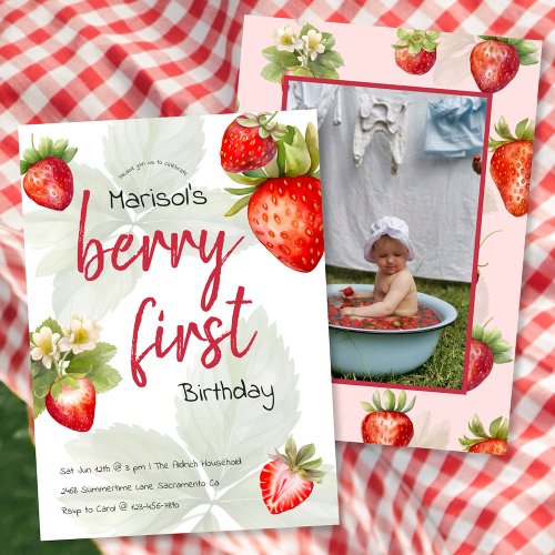 Berry First Watercolor Strawberry 1st Birthday Invitation