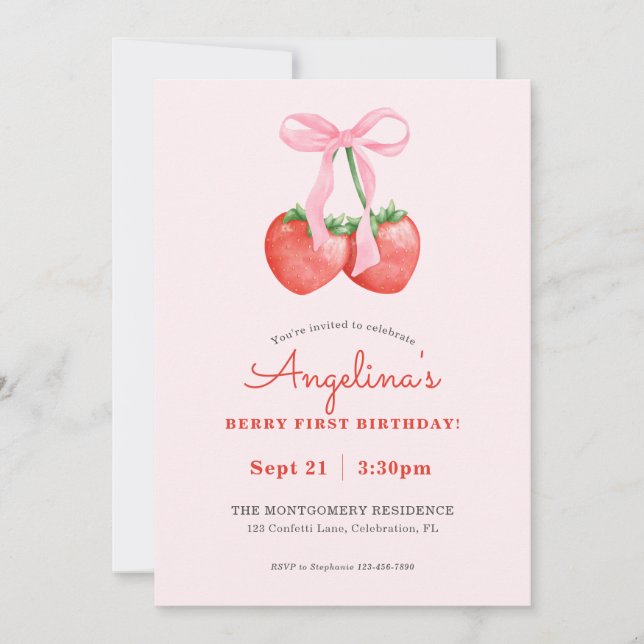 Berry First Watercolor Strawberry 1st Birthday Invitation (Front)