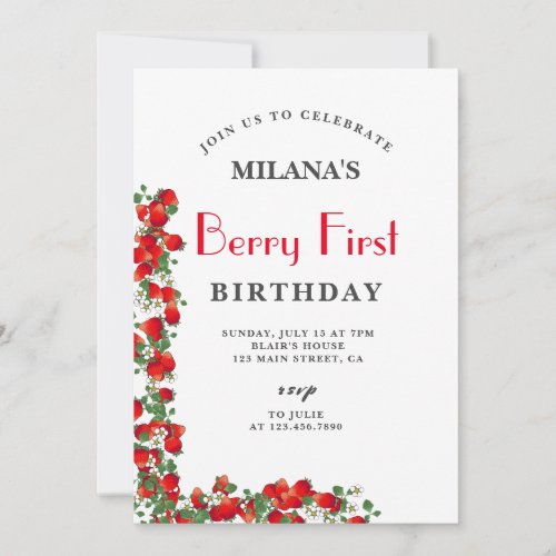 Berry First Watercolor Strawberry 1st Birthday  Invitation