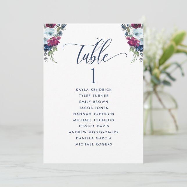 Berry Floral, Seating Plan Cards with Guest Names (Standing Front)