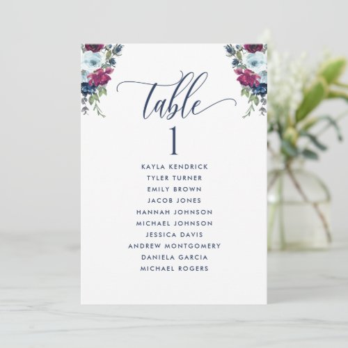 Berry Floral Seating Plan Cards with Guest Names