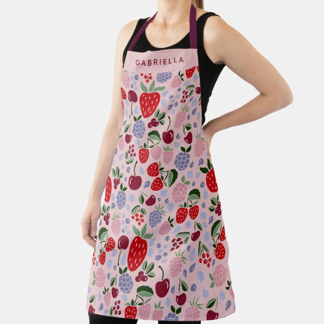 Berry Fruit Pattern Pink Personalized Name Apron (Insitu)