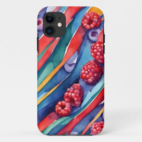Berry Fruits and Fresh Colorful Stripes  iPhone 11 Case