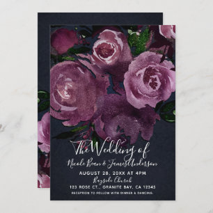 Berry Fuchsia Roses Dark Floral Glam Wedding Invitation