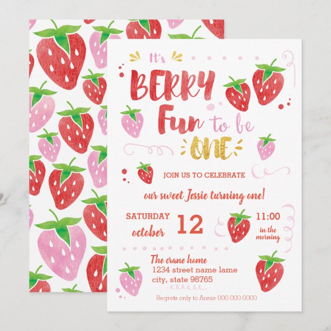Berry Fun to be ONE first birthday party Invitation (Front/Back)