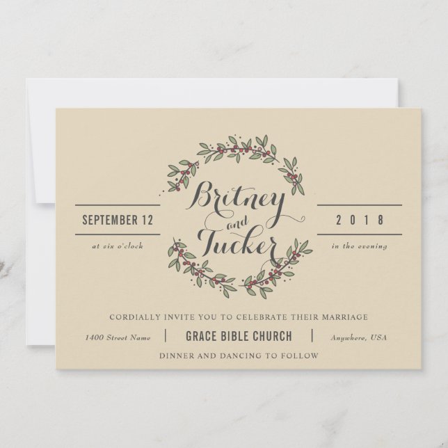 Berry Green Laurel Vintage Wedding Invitation (Front)